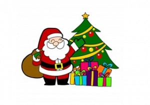Kerstman bij de kerstboom